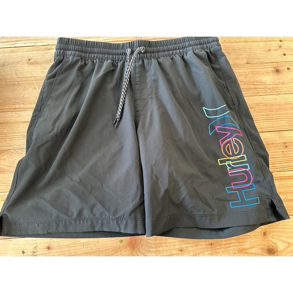 Hurley Mens Board Shorts Black Rainbow Logo Elastic Waist Swim Trunks M